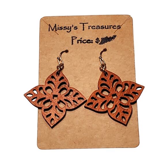 Handmade Wooden Dangle Floral Earrings Hook Unsigned 2" New - Picture 1 of 5